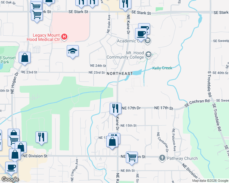 map of restaurants, bars, coffee shops, grocery stores, and more near 2055 Northeast Kane Drive in Gresham