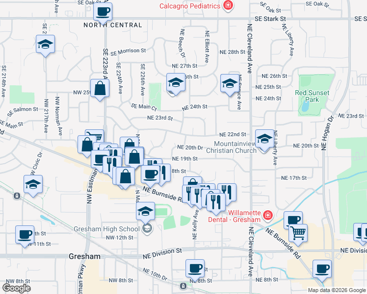 map of restaurants, bars, coffee shops, grocery stores, and more near 2055 Northeast Hood Avenue in Gresham