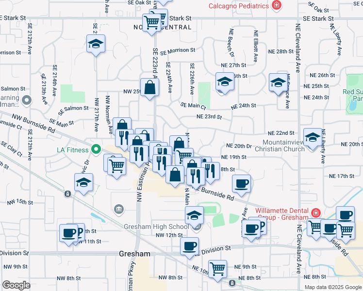 map of restaurants, bars, coffee shops, grocery stores, and more near 2030 Northwest Earl Court in Gresham