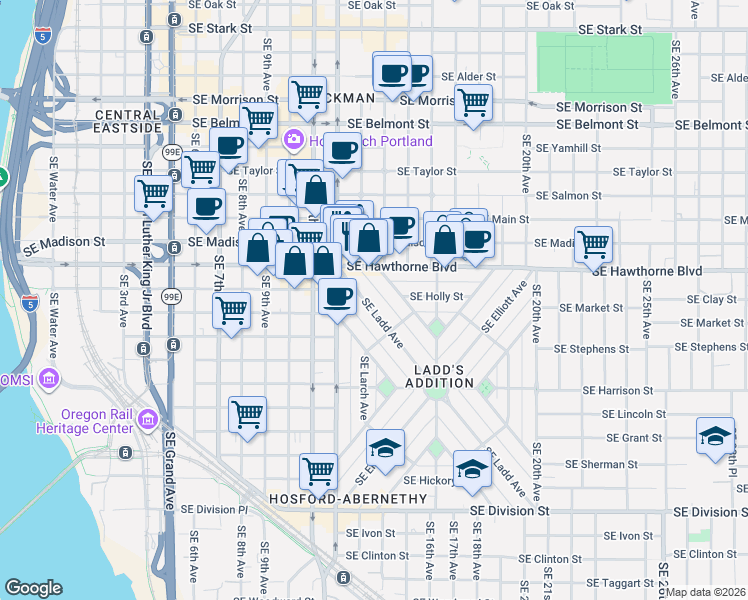 map of restaurants, bars, coffee shops, grocery stores, and more near in Portland