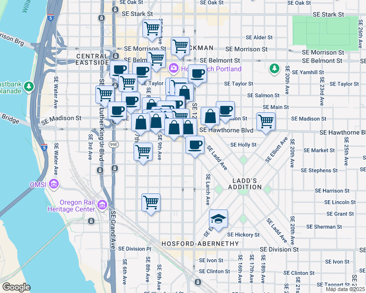 map of restaurants, bars, coffee shops, grocery stores, and more near 1601 Southeast 11th Avenue in Portland