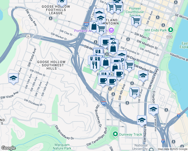 map of restaurants, bars, coffee shops, grocery stores, and more near 951 Southwest Hall Street in Portland