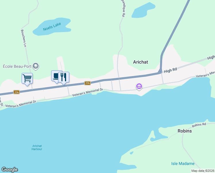 map of restaurants, bars, coffee shops, grocery stores, and more near 633 Veteran's Memorial Drive in Arichat