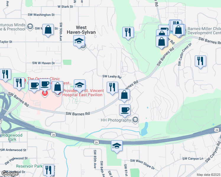 map of restaurants, bars, coffee shops, grocery stores, and more near 8245 Southwest Barnes Road in Portland