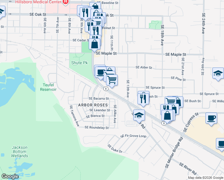 map of restaurants, bars, coffee shops, grocery stores, and more near 1167 Southeast Tualatin Valley Highway in Hillsboro