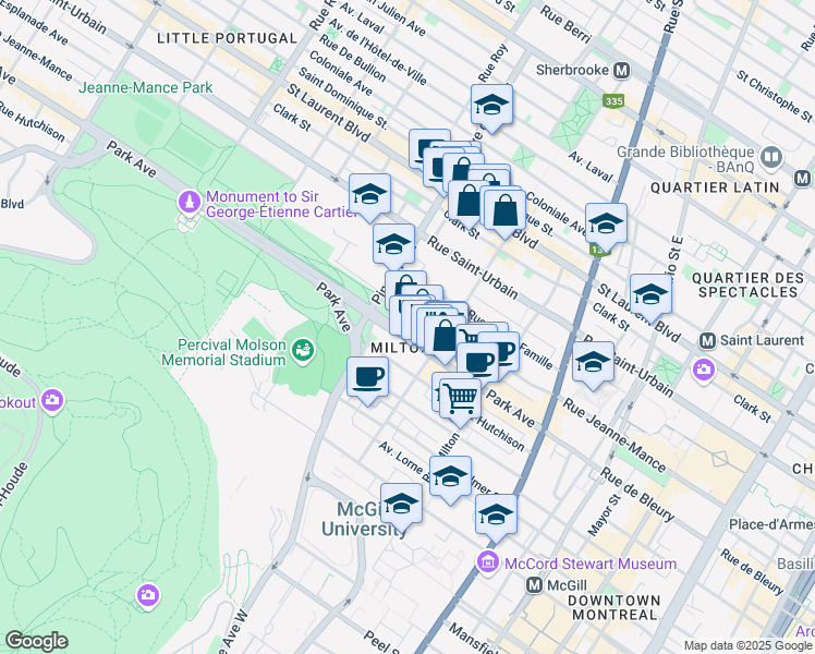map of restaurants, bars, coffee shops, grocery stores, and more near 300 Rue Léo Pariseau in Montréal
