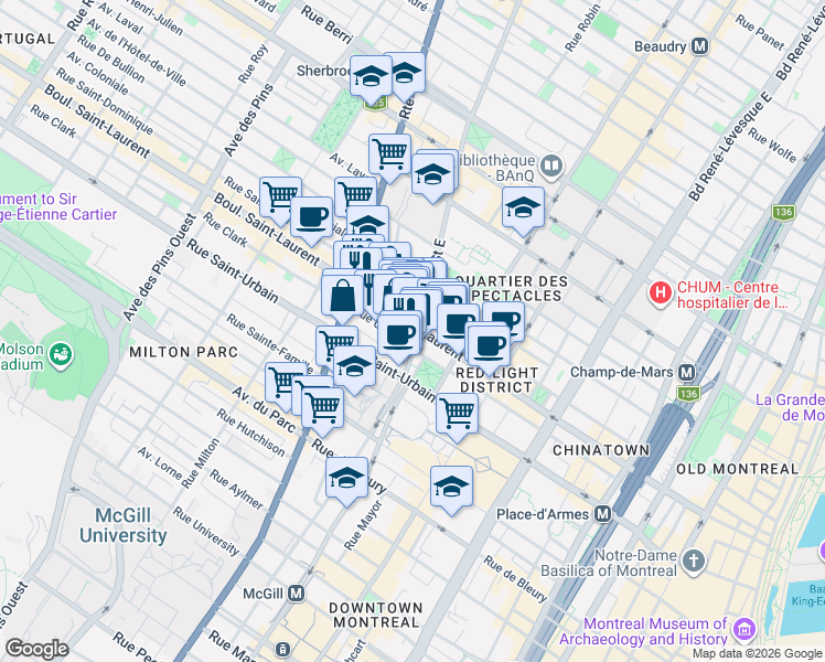 map of restaurants, bars, coffee shops, grocery stores, and more near 2000 Boulevard Saint-Laurent in Montréal