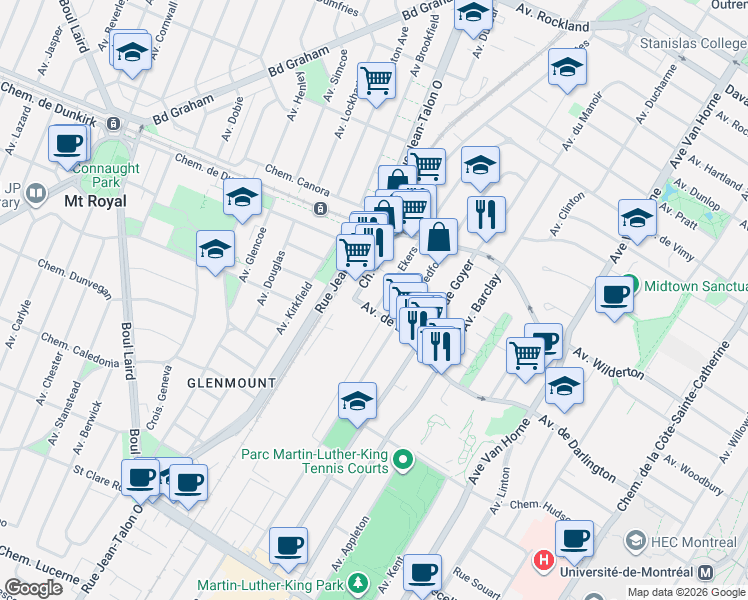 map of restaurants, bars, coffee shops, grocery stores, and more near 2875 Avenue Ekers in Montrã©Al