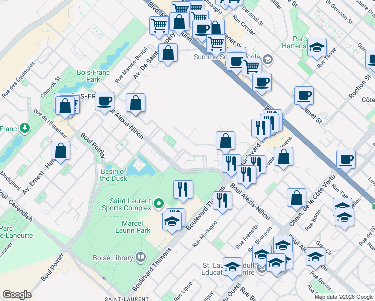 map of restaurants, bars, coffee shops, grocery stores, and more near 1485 Rue de l'Everest in Montréal