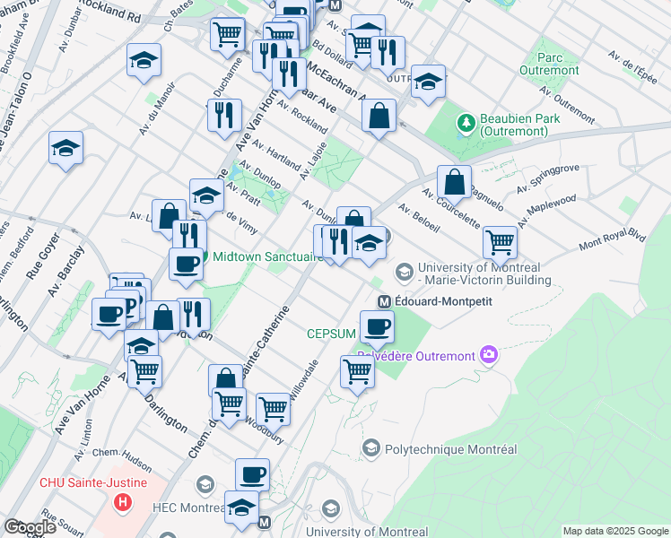 map of restaurants, bars, coffee shops, grocery stores, and more near 7 Avenue Vincent-D'Indy in Montréal