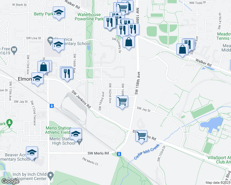 map of restaurants, bars, coffee shops, grocery stores, and more near 16115 Southwest Gage Lane in Beaverton