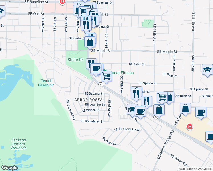 map of restaurants, bars, coffee shops, grocery stores, and more near 1167 Southeast Tualatin Valley Highway in Hillsboro