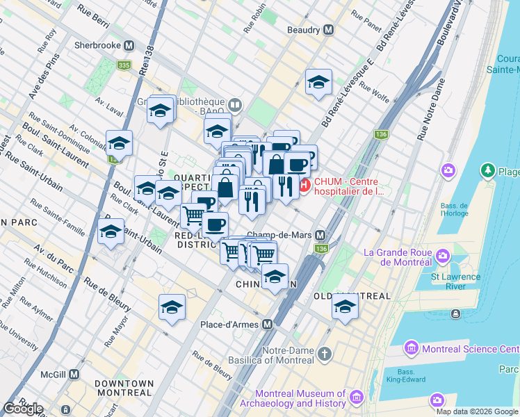 map of restaurants, bars, coffee shops, grocery stores, and more near 1200 Rue Sainte-Élisabeth in Montréal