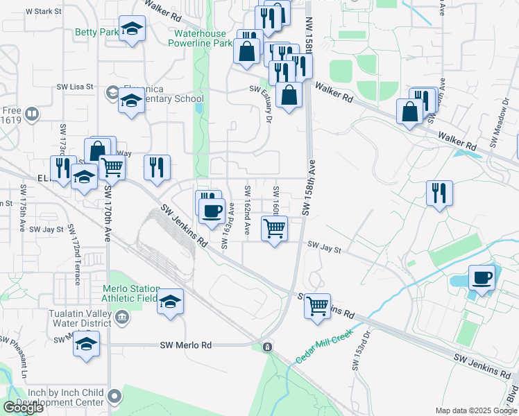 map of restaurants, bars, coffee shops, grocery stores, and more near 16115 Southwest Gage Lane in Beaverton