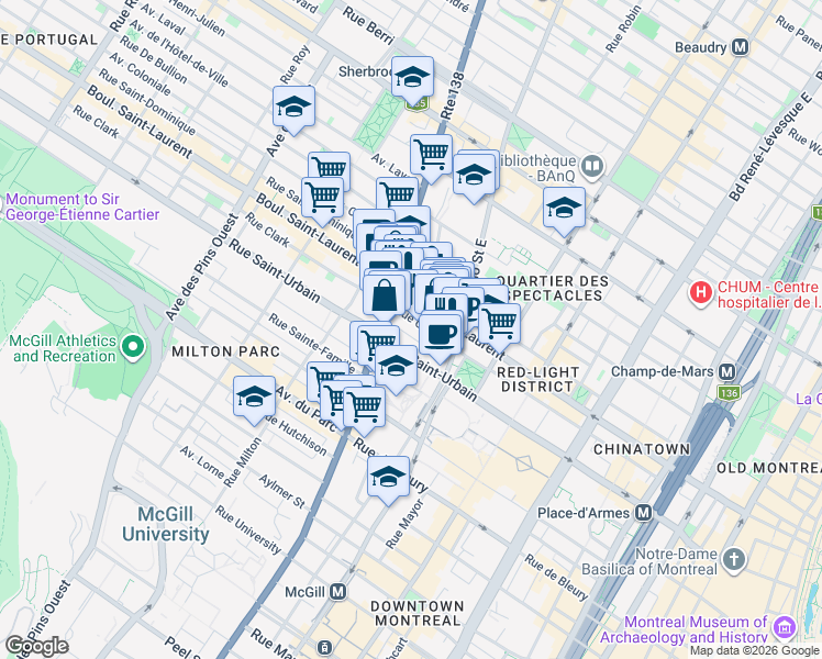 map of restaurants, bars, coffee shops, grocery stores, and more near 2080 Rue Clark in Montréal