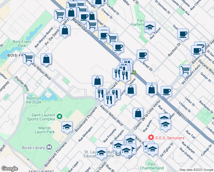 map of restaurants, bars, coffee shops, grocery stores, and more near 2059 Boulevard Thimens in Montréal