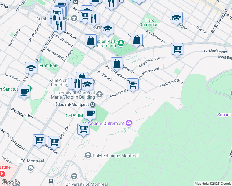 map of restaurants, bars, coffee shops, grocery stores, and more near 92 Avenue Claude Champagne in Montreal