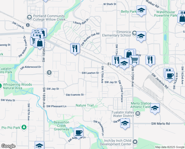 map of restaurants, bars, coffee shops, grocery stores, and more near 17675 Southwest Lawton Street in Beaverton