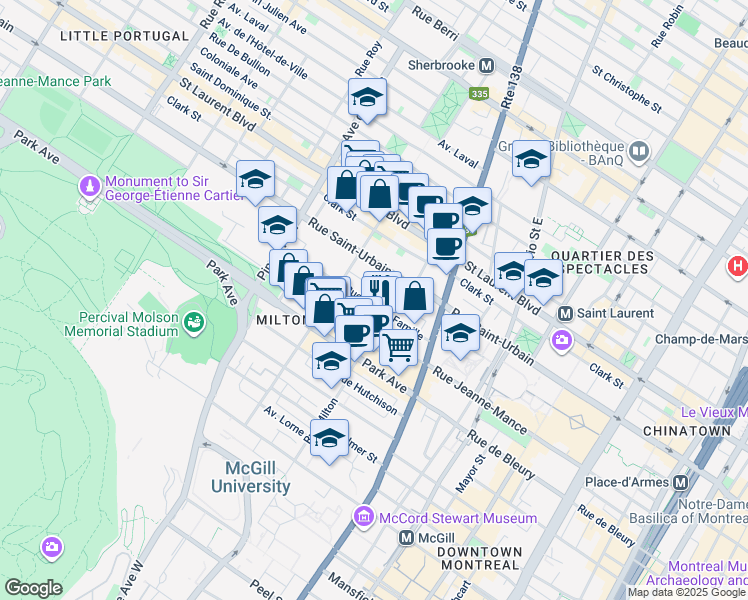 map of restaurants, bars, coffee shops, grocery stores, and more near 3547 Rue Sainte Famille in Montréal