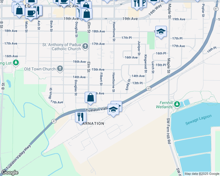 map of restaurants, bars, coffee shops, grocery stores, and more near 2620 13th Avenue in Forest Grove