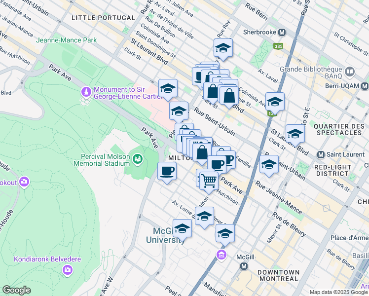 map of restaurants, bars, coffee shops, grocery stores, and more near 3625 Avenue du Parc in Montréal