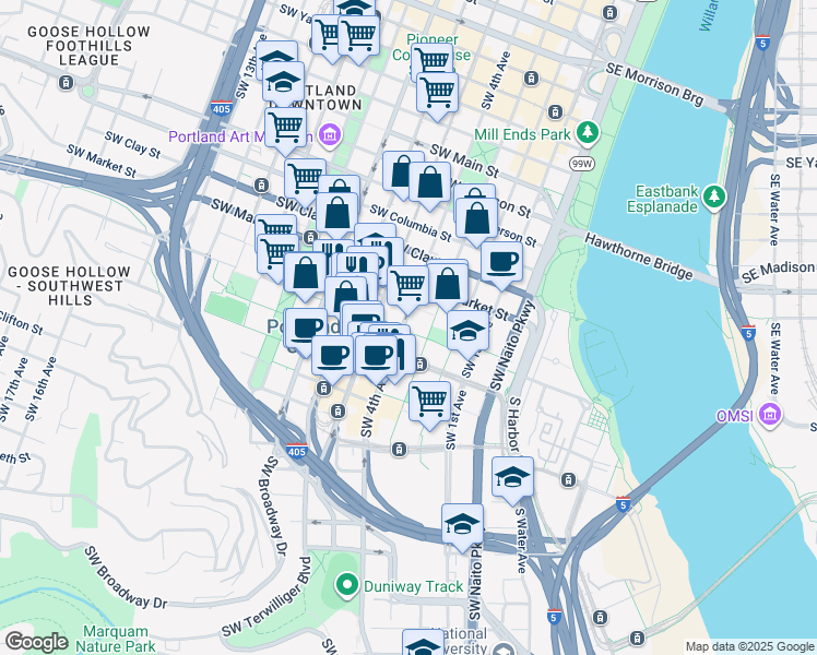 map of restaurants, bars, coffee shops, grocery stores, and more near 1720 Southwest 4th Avenue in Portland