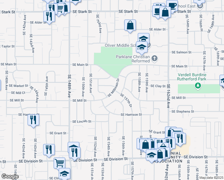 map of restaurants, bars, coffee shops, grocery stores, and more near 15455 Southeast Millmain Drive in Portland