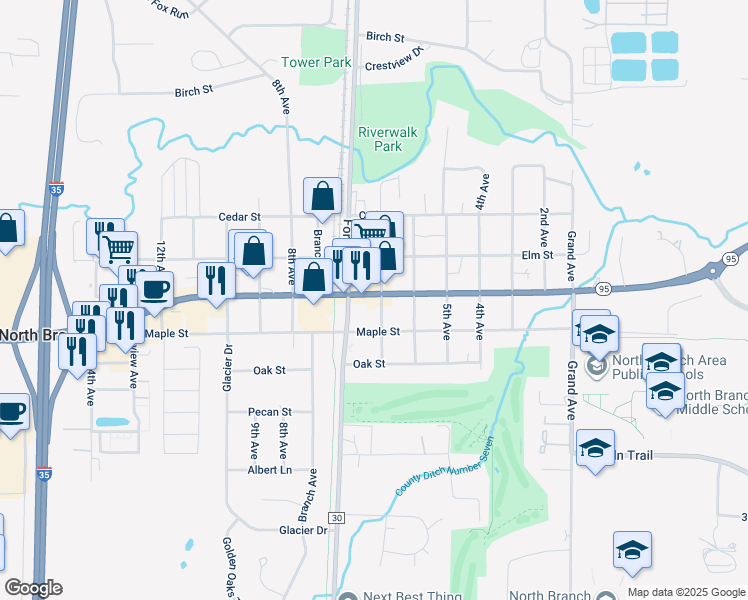 map of restaurants, bars, coffee shops, grocery stores, and more near 6381 Main Street in North Branch