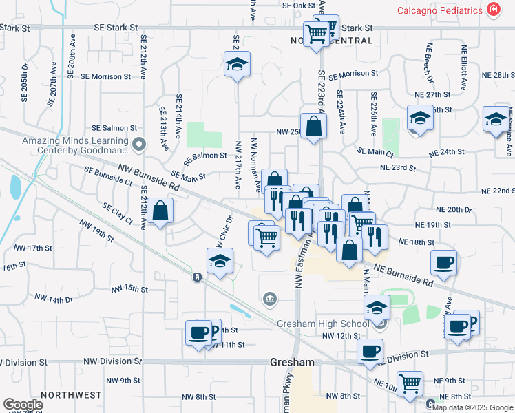 map of restaurants, bars, coffee shops, grocery stores, and more near 600 Northwest Fariss Road in Gresham