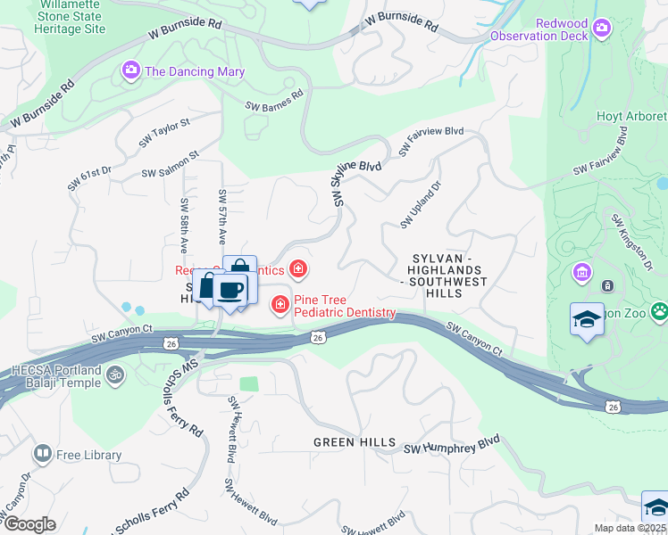 map of restaurants, bars, coffee shops, grocery stores, and more near 1565 Southwest Highland Parkway in Portland
