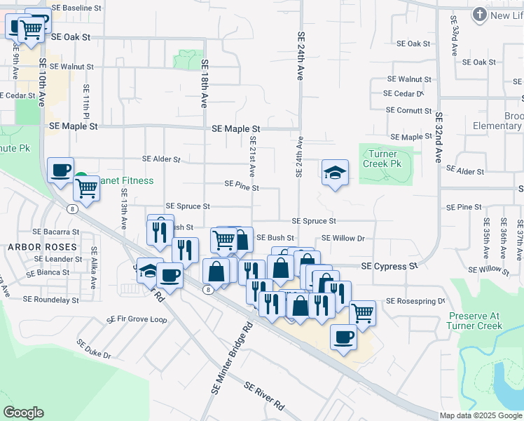 map of restaurants, bars, coffee shops, grocery stores, and more near 2137 Southeast Cedar Park Court in Hillsboro