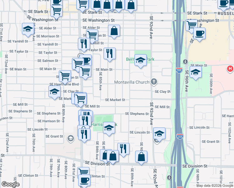 map of restaurants, bars, coffee shops, grocery stores, and more near 1616 Southeast 87th Avenue in Portland