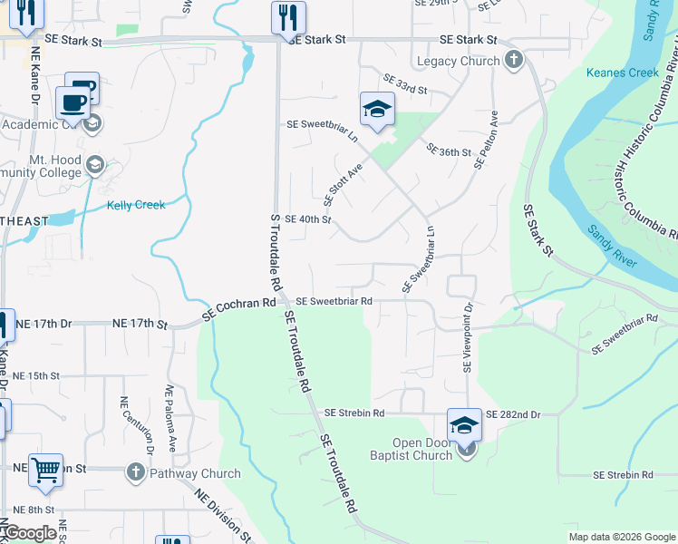 map of restaurants, bars, coffee shops, grocery stores, and more near 568 Southeast 42nd Circle in Troutdale