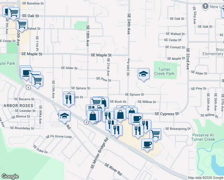 map of restaurants, bars, coffee shops, grocery stores, and more near 2160 Southeast Cedar Park Court in Hillsboro