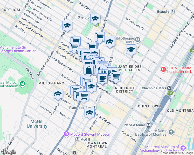 map of restaurants, bars, coffee shops, grocery stores, and more near 2070 Rue Clark in Montréal