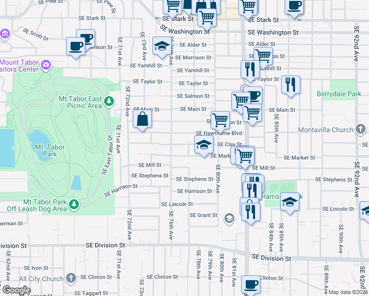 map of restaurants, bars, coffee shops, grocery stores, and more near 7636 Southeast Clay Street in Portland