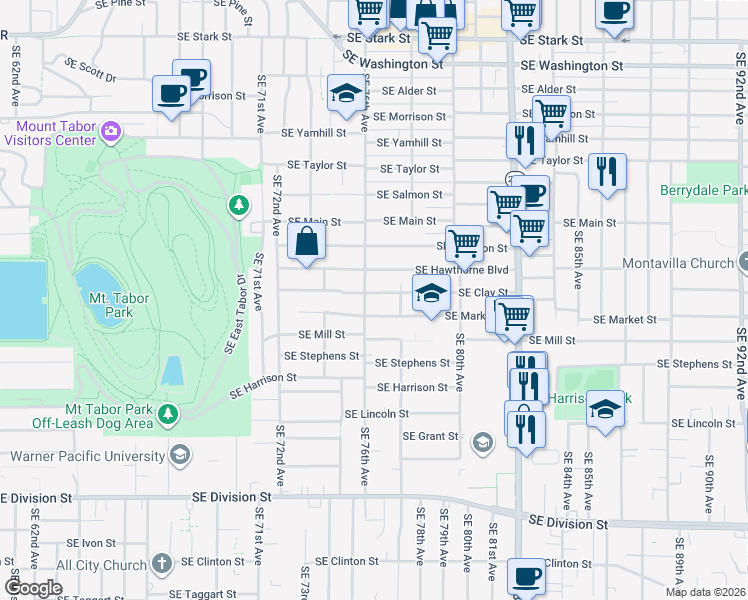 map of restaurants, bars, coffee shops, grocery stores, and more near 7636 Southeast Clay Street in Portland