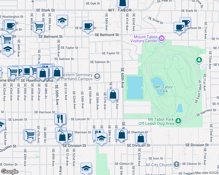 map of restaurants, bars, coffee shops, grocery stores, and more near 1527 Southeast 58th Avenue in Portland