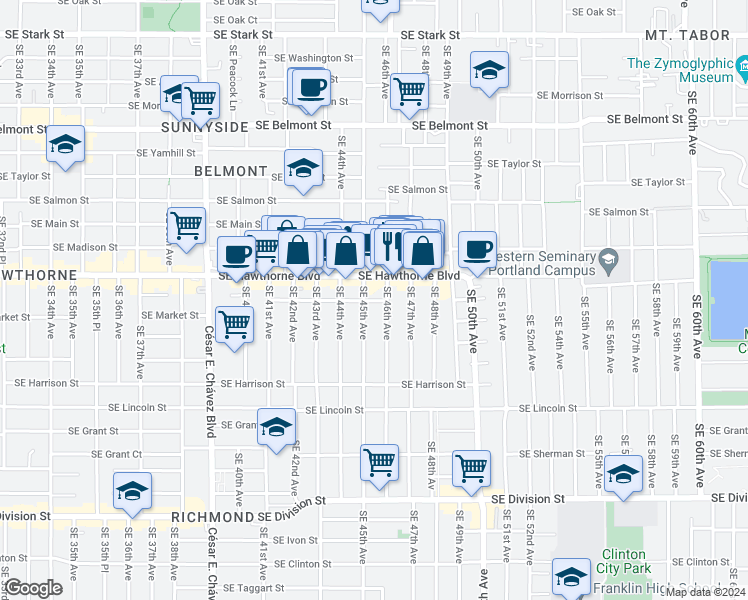 map of restaurants, bars, coffee shops, grocery stores, and more near 1532 Southeast 45th Avenue in Portland