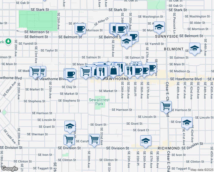 map of restaurants, bars, coffee shops, grocery stores, and more near 1538 Southeast 32nd Avenue in Portland