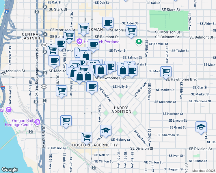 map of restaurants, bars, coffee shops, grocery stores, and more near in Portland