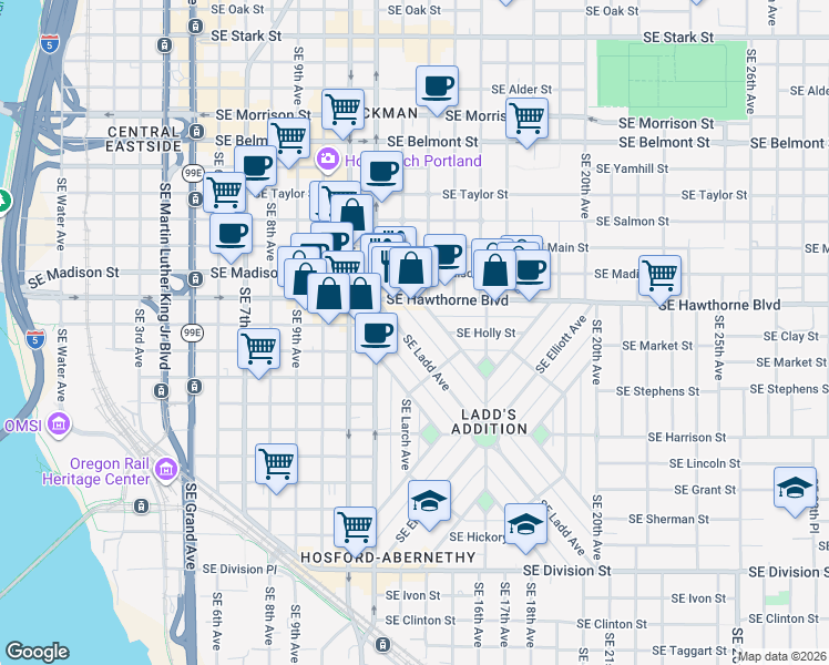 map of restaurants, bars, coffee shops, grocery stores, and more near in Portland