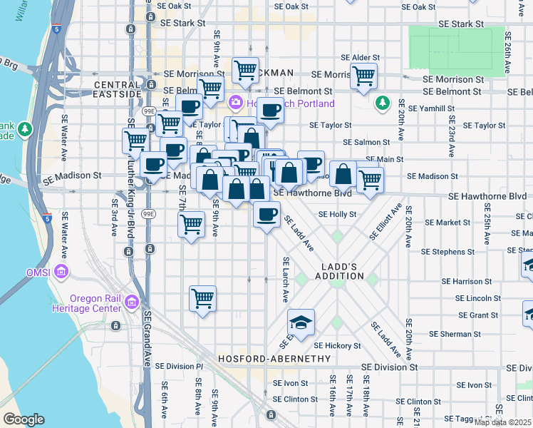 map of restaurants, bars, coffee shops, grocery stores, and more near in Portland
