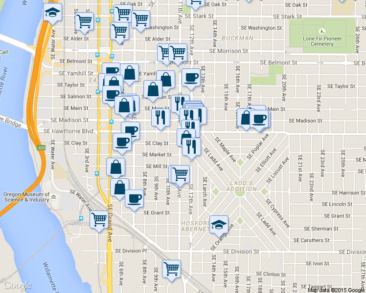 map of restaurants, bars, coffee shops, grocery stores, and more near 1601 Southeast 11th Avenue in Portland