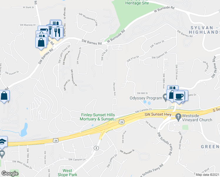 map of restaurants, bars, coffee shops, grocery stores, and more near 1105 Southwest 66th Avenue in Portland