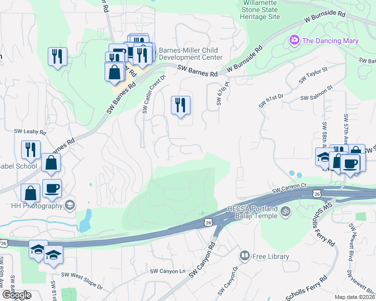 map of restaurants, bars, coffee shops, grocery stores, and more near 7054 Benham Court in Portland