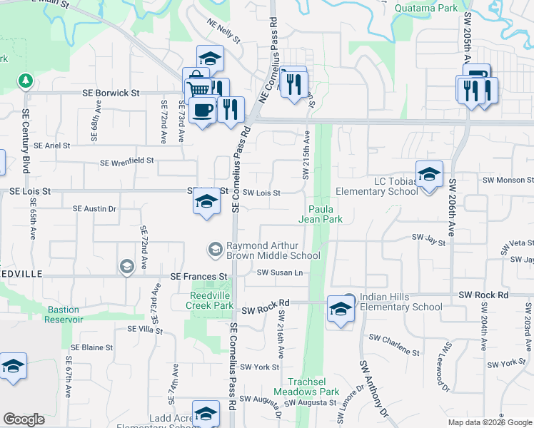 map of restaurants, bars, coffee shops, grocery stores, and more near 21715 Southwest Kristin Court in Aloha