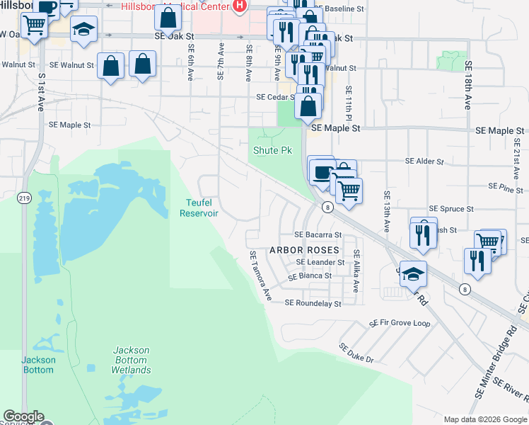 map of restaurants, bars, coffee shops, grocery stores, and more near 948 Southeast Marinette Avenue in Hillsboro
