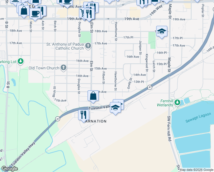map of restaurants, bars, coffee shops, grocery stores, and more near 2620 13th Avenue in Forest Grove