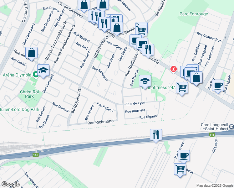 map of restaurants, bars, coffee shops, grocery stores, and more near 3345 Terrasse Repentigny in Longueuil